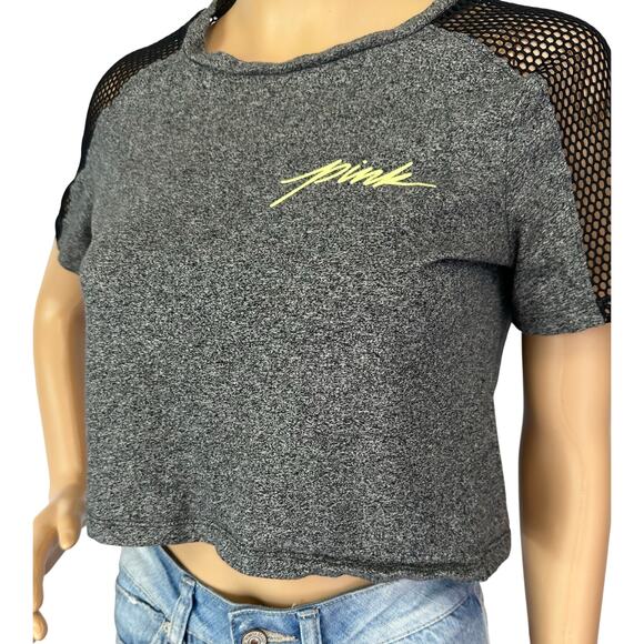 2/$15 Pink Victoria's Secret Fishnet Shoulder Crop Top Gray Short Sleeve Size XS - Picture 8 of 12